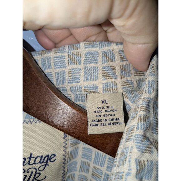 Silk Mens XL Short Sleeve Button-Up Shirt Beige Blue Retro Pattern Vintage - Picture 4 of 7